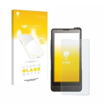 Parte frontal de un envase de producto con el logotipo de la marca upscreen. Al lado se muestra el dispositivo Sonim XP10 con 