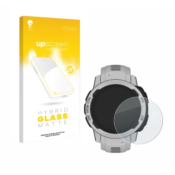 Parte frontal de un envase de producto con el logotipo de la marca upscreen. Al lado se muestra el dispositivo Garmin Instinct