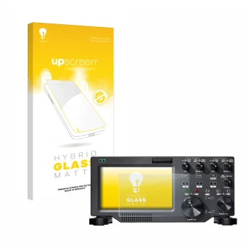 Parte frontal de un envase de producto con el logotipo de la marca upscreen. Al lado se muestra el dispositivo FlexRadio Maest