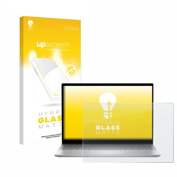 Parte frontal de un envase de producto con el logotipo de la marca upscreen. Al lado se muestra el dispositivo Dell Inspiron 1