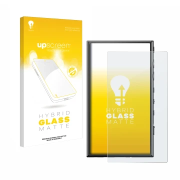 Parte frontal de un envase de producto con el logotipo de la marca upscreen. Al lado se muestra el dispositivo Sony Walkman NW
