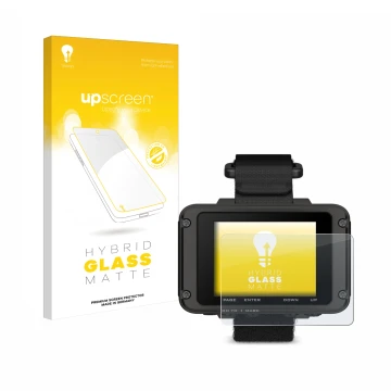 Parte frontal de un envase de producto con el logotipo de la marca upscreen. Al lado se muestra el dispositivo Garmin Foretrex