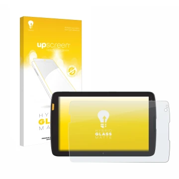 Parte frontal de un envase de producto con el logotipo de la marca upscreen. Al lado se muestra el dispositivo Zebra ET40 8