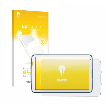 Parte frontal de un envase de producto con el logotipo de la marca upscreen. Al lado se muestra el dispositivo Zebra ET40 10.1