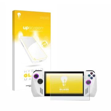 Parte frontal de un envase de producto con el logotipo de la marca upscreen. Al lado se muestra el dispositivo ASUS ROG Ally (