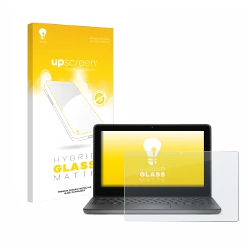 Parte frontal de un envase de producto con el logotipo de la marca upscreen. Al lado se muestra el dispositivo Dell Latitude 3
