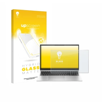Parte frontal de un envase de producto con el logotipo de la marca upscreen. Al lado se muestra el dispositivo HP EliteBook 86