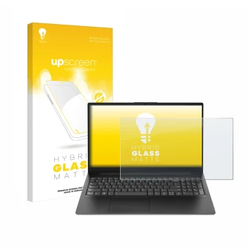 Parte frontal de un envase de producto con el logotipo de la marca upscreen. Al lado se muestra el dispositivo Lenovo V15 Gen 