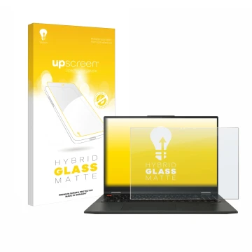 Parte frontal de un envase de producto con el logotipo de la marca upscreen. Al lado se muestra el dispositivo ASUS Vivobook S