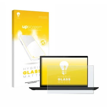 Parte frontal de un envase de producto con el logotipo de la marca upscreen. Al lado se muestra el dispositivo Lenovo ThinkPad