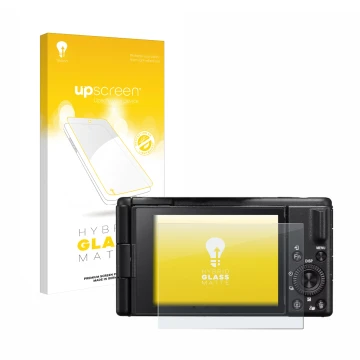 Parte frontal de un envase de producto con el logotipo de la marca upscreen. Al lado se muestra el dispositivo Sony ZV-1M2 con