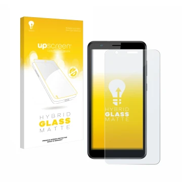 Parte frontal de un envase de producto con el logotipo de la marca upscreen. Al lado se muestra el dispositivo ZTE Blade A31 c