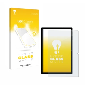 Parte frontal de un envase de producto con el logotipo de la marca upscreen. Al lado se muestra el dispositivo Blackview Tab 1