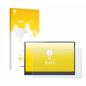 Parte frontal de un envase de producto con el logotipo de la marca upscreen. Al lado se muestra el dispositivo LG gram +view 1