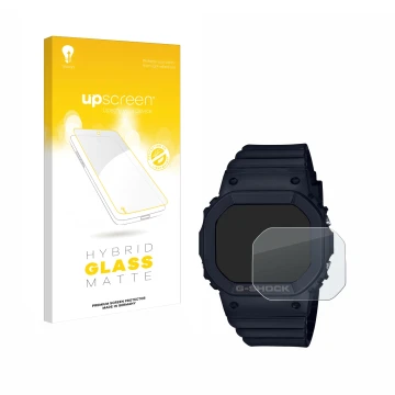 Parte frontal de un envase de producto con el logotipo de la marca upscreen. Al lado se muestra el dispositivo Casio G-Shock G