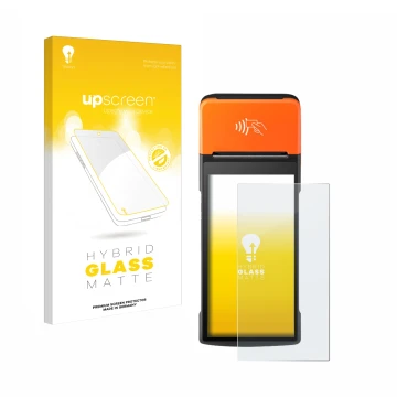 Parte frontal de un envase de producto con el logotipo de la marca upscreen. Al lado se muestra el dispositivo Sunmi V2 Pro co