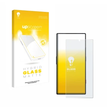 Parte frontal de un envase de producto con el logotipo de la marca upscreen. Al lado se muestra el dispositivo ZTE Nubia Red M