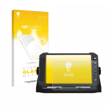 Parte frontal de un envase de producto con el logotipo de la marca upscreen. Al lado se muestra el dispositivo Lowrance Elite 