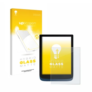 Parte frontal de un envase de producto con el logotipo de la marca upscreen. Al lado se muestra el dispositivo Vivlio InkPad 3