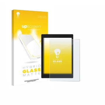 Parte frontal de un envase de producto con el logotipo de la marca upscreen. Al lado se muestra el dispositivo Boox Tab Mini C