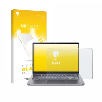 Parte frontal de un envase de producto con el logotipo de la marca upscreen. Al lado se muestra el dispositivo Acer Chromebook