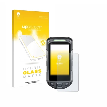 Parte frontal de un envase de producto con el logotipo de la marca upscreen. Al lado se muestra el dispositivo Keyence BT-A700