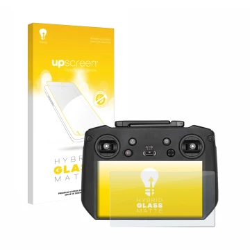 Parte frontal de un envase de producto con el logotipo de la marca upscreen. Al lado se muestra el dispositivo DJI Mavic 3 RC 