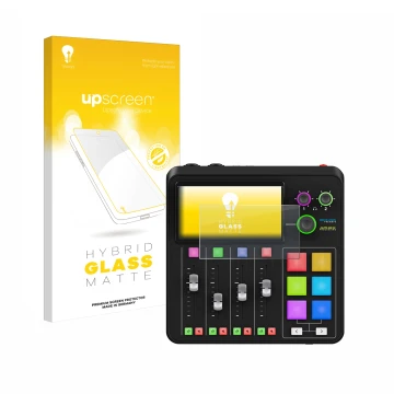 Parte frontal de un envase de producto con el logotipo de la marca upscreen. Al lado se muestra el dispositivo Rode Rodecaster