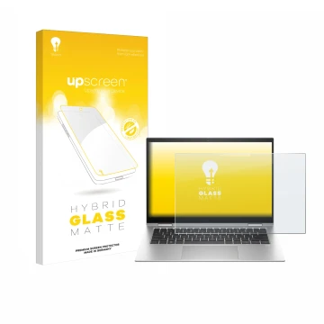 Parte frontal de un envase de producto con el logotipo de la marca upscreen. Al lado se muestra el dispositivo HP EliteBook x3