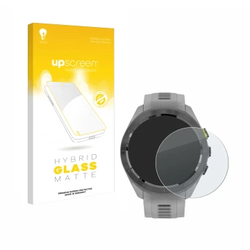 Parte frontal de un envase de producto con el logotipo de la marca upscreen. Al lado se muestra el dispositivo Garmin Approach