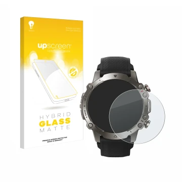 Parte frontal de un envase de producto con el logotipo de la marca upscreen. Al lado se muestra el dispositivo Huami Amazfit F