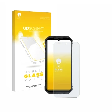 Parte frontal de un envase de producto con el logotipo de la marca upscreen. Al lado se muestra el dispositivo Doogee V30T con