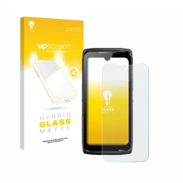 Parte frontal de un envase de producto con el logotipo de la marca upscreen. Al lado se muestra el dispositivo Crosscall Core-