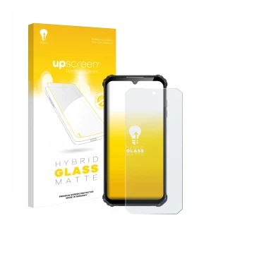 Parte frontal de un envase de producto con el logotipo de la marca upscreen. Al lado se muestra el dispositivo Oukitel WP22 co