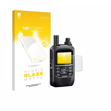 Parte frontal de un envase de producto con el logotipo de la marca upscreen. Al lado se muestra el dispositivo Icom ID-50E con