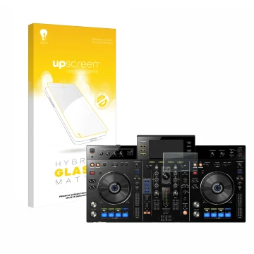 Parte frontal de un envase de producto con el logotipo de la marca upscreen. Al lado se muestra el dispositivo Pioneer XDJ-RX 