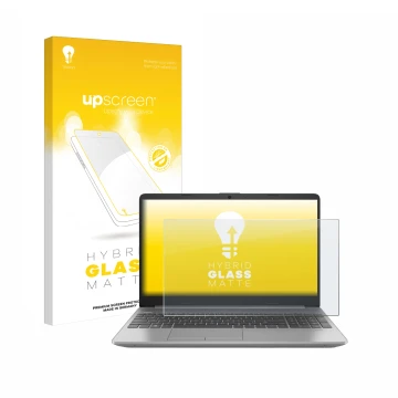 Parte frontal de un envase de producto con el logotipo de la marca upscreen. Al lado se muestra el dispositivo HP 250 G9 con s