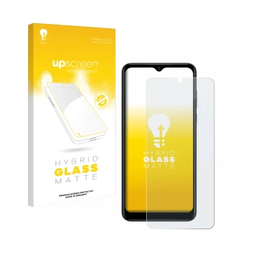 Parte frontal de un envase de producto con el logotipo de la marca upscreen. Al lado se muestra el dispositivo ZTE Blade V50 D