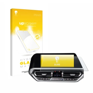 Parte frontal de un envase de producto con el logotipo de la marca upscreen. Al lado se muestra el dispositivo BMW 3 G20 2020 