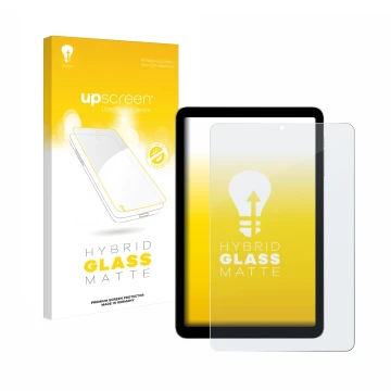 Parte frontal de un envase de producto con el logotipo de la marca upscreen. Al lado se muestra el dispositivo Alldocube iPlay