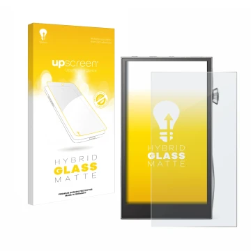 Parte frontal de un envase de producto con el logotipo de la marca upscreen. Al lado se muestra el dispositivo Astell&Kern A&f