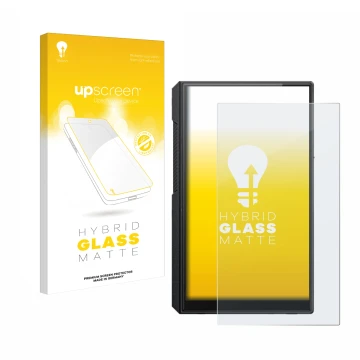 Parte frontal de un envase de producto con el logotipo de la marca upscreen. Al lado se muestra el dispositivo FiiO M11s con s