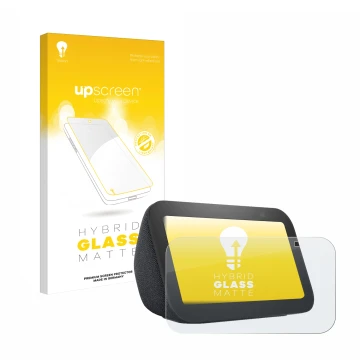 Parte frontal de un envase de producto con el logotipo de la marca upscreen. Al lado se muestra el dispositivo Amazon Echo Sho