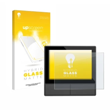 Parte frontal de un envase de producto con el logotipo de la marca upscreen. Al lado se muestra el dispositivo SONOFF NSPanel 