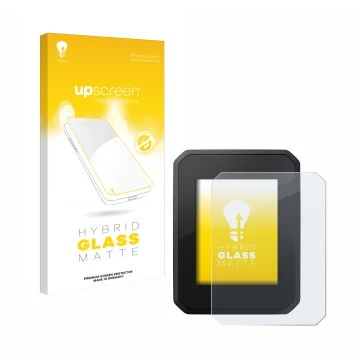 Parte frontal de un envase de producto con el logotipo de la marca upscreen. Al lado se muestra el dispositivo FIT Display Com