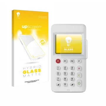 Parte frontal de un envase de producto con el logotipo de la marca upscreen. Al lado se muestra el dispositivo myPOS Go 2 con 