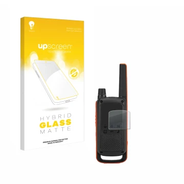 Parte frontal de un envase de producto con el logotipo de la marca upscreen. Al lado se muestra el dispositivo Motorola Talkab
