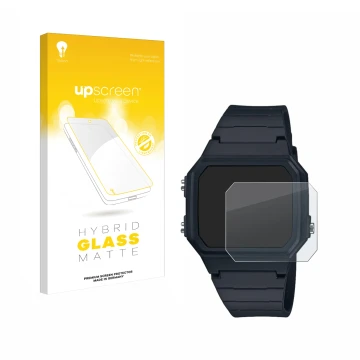 Parte frontal de un envase de producto con el logotipo de la marca upscreen. Al lado se muestra el dispositivo Casio W-217H-1A