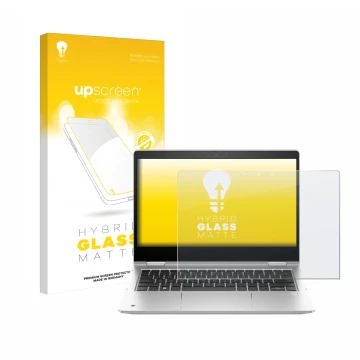 Parte frontal de un envase de producto con el logotipo de la marca upscreen. Al lado se muestra el dispositivo HP ProBook x360