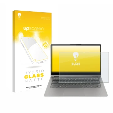 Parte frontal de un envase de producto con el logotipo de la marca upscreen. Al lado se muestra el dispositivo Lenovo ThinkBoo